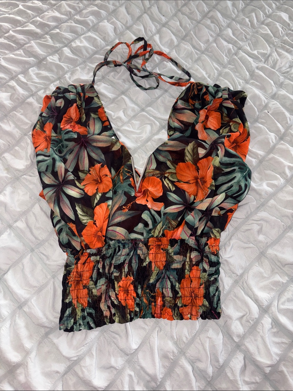 Black Floral Halter Crop Top with Orange Hibiscus Print